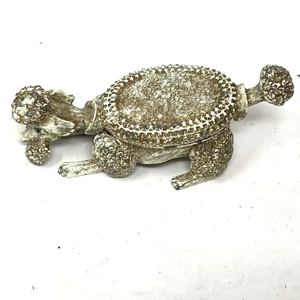 Vintage Florenza Metal Ormolu Poodle Dog Pill Trinket Box Topaz Rhinestone Eyes